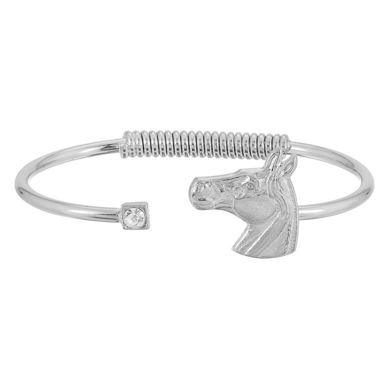 1928 Jewelry Silver-Tone Clear Crystal & Horse Accent Hinge Bracelet, Women's, Silver Tone