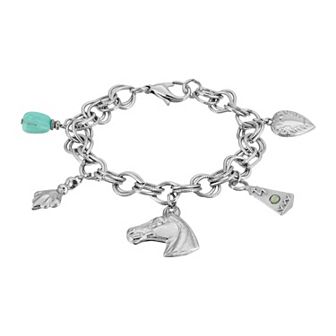 1928 Silver Tone Turquoise Color Accents & Multi-Charm Bracelet