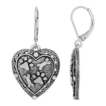 1928 Silver Tone Heart, Paw, & Bones Drop Earrings