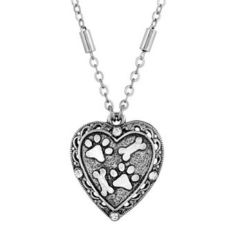 1928 Silver Tone Heart, Paw, & Bones Necklace