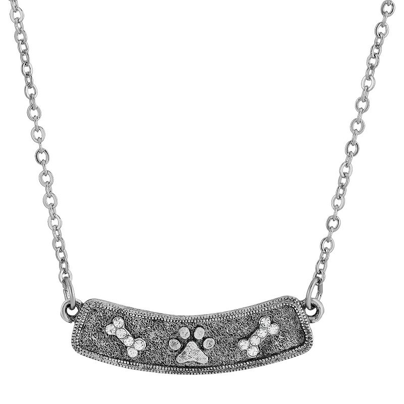 1928 Pewter & Clear Crystal Bone and Paw Bar Necklace, Womens, Silver