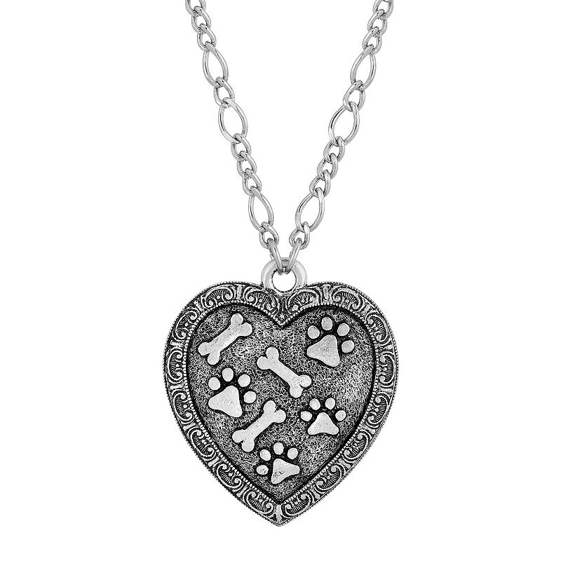 1928 Pewter Heart, Paw, & Bones Necklace, Womens, Silver
