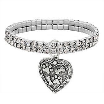 1928 Two Row Crystal Paw And Bones Heart Charm Stretch Bracelet