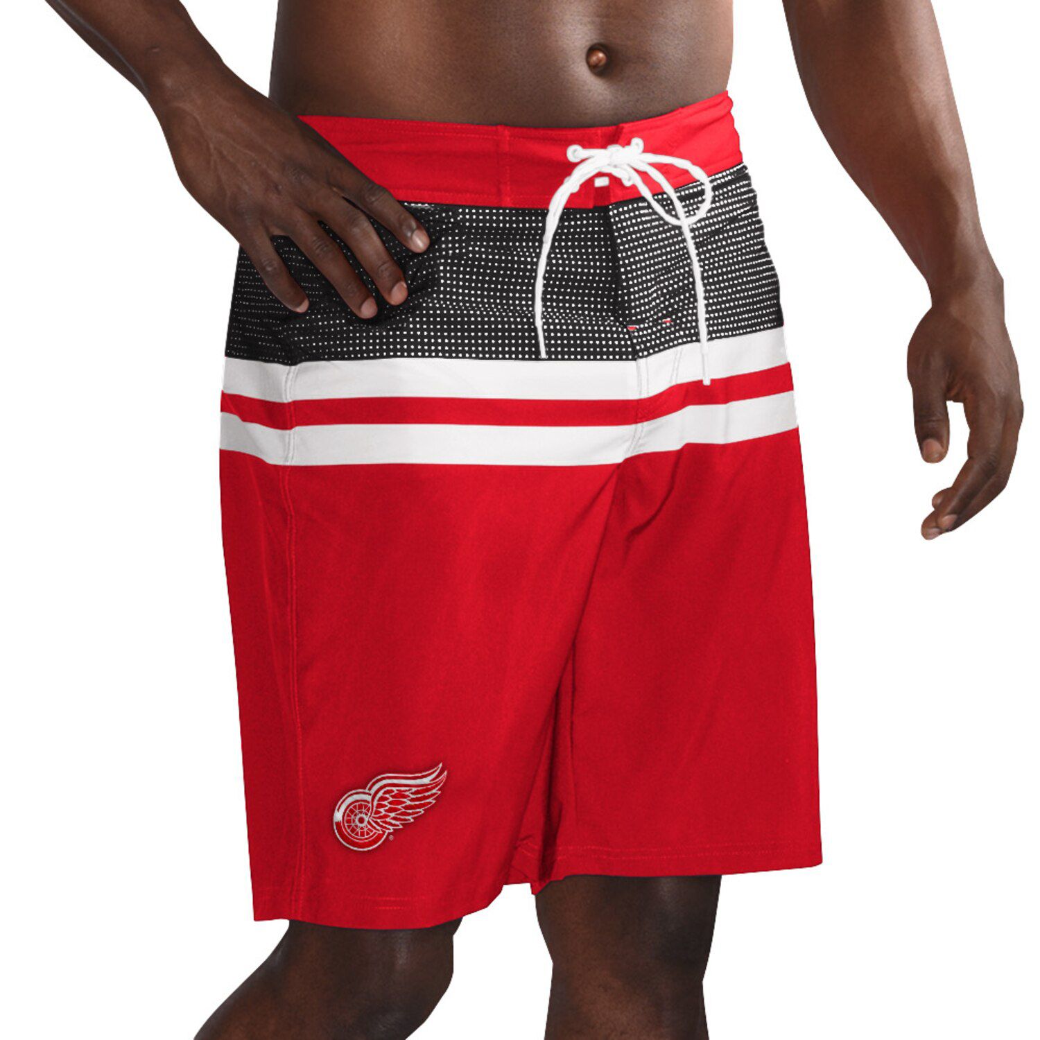 red and black swim trunks