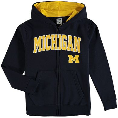 Youth Navy Michigan Wolverines Applique Arch & Logo Full-Zip Hoodie
