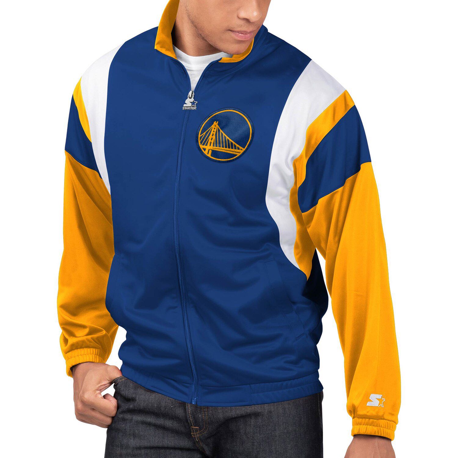 white and gold warriors jacket