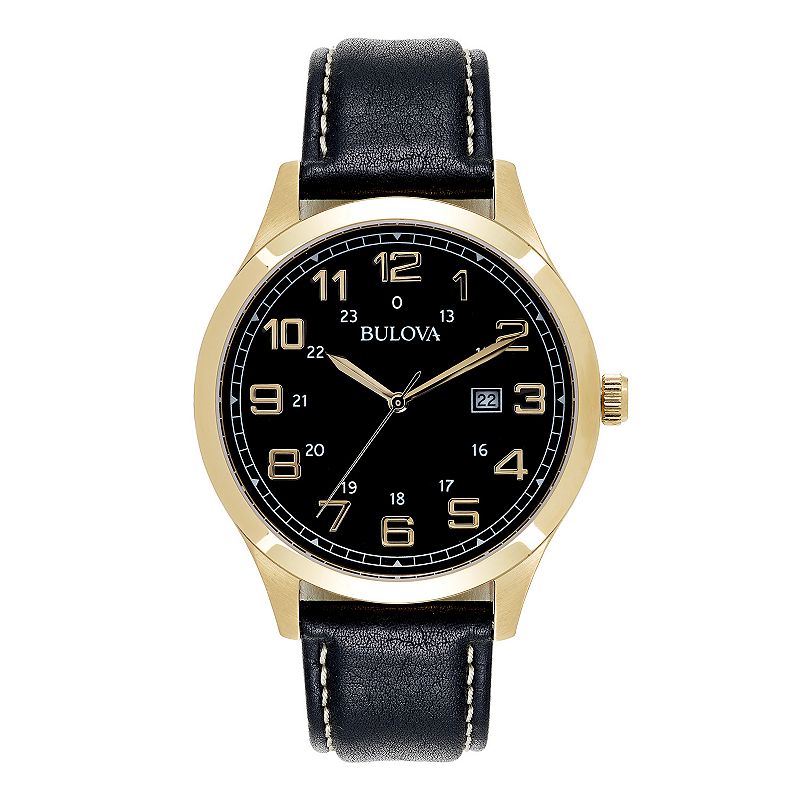 Bulova Men's Leather Strap Watch - 97B181, Size: Large, Black