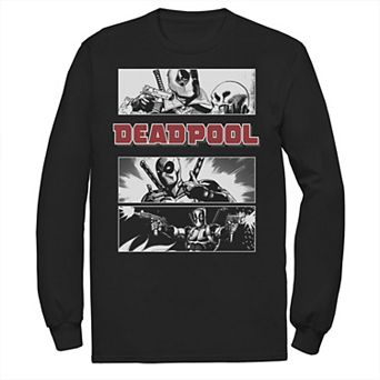 Men's Marvel Deadpool Title Logo Comic Panels Long Sleeve Graphic Tee