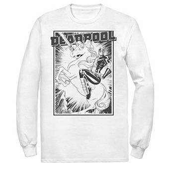 Men's Marvel Deadpool Black And White Unicorn Poster Long Sleeve Graphic Tee