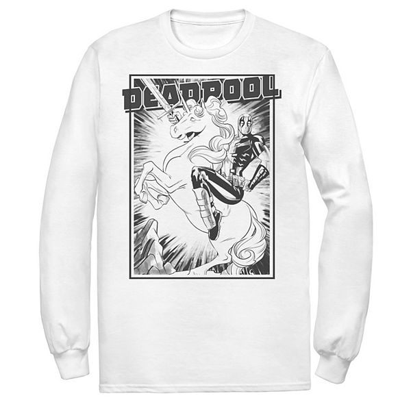 Men's Marvel Deadpool Black and White Unicorn Poster Long Sleeve Graphic Tee, Size: Small