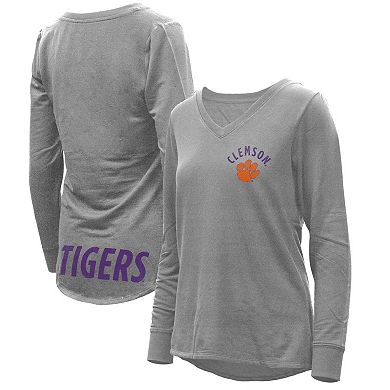 Women's Heathered Gray Clemson Tigers Belle Relaxed Tri-Blend V-Neck Pullover Sweatshirt