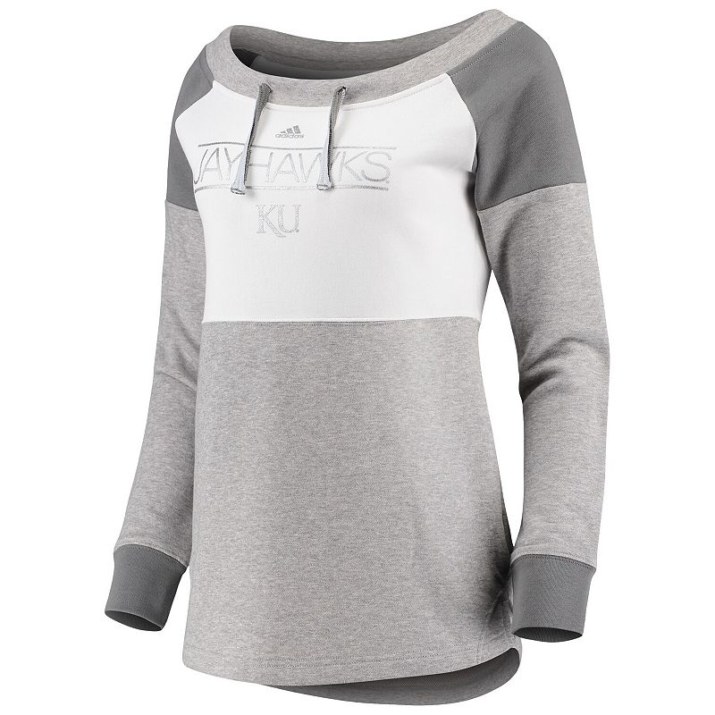 UPC 191521000072 product image for Women's adidas White/Charcoal Kansas Jayhawks Wide Neck French Terry Sweatshirt, | upcitemdb.com