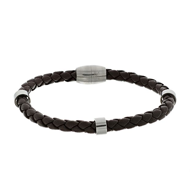 Dark Brown Leather Bracelet With Steel For Men