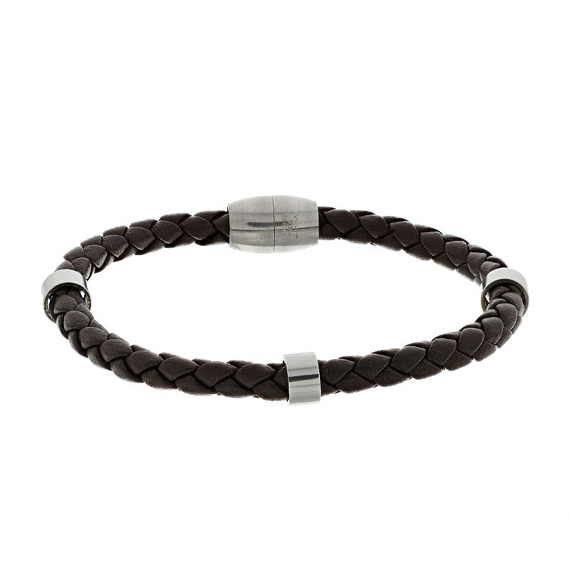 1913 Mens Brown Leather Bracelet with Stainless Steel Stations, Size: 8.5
