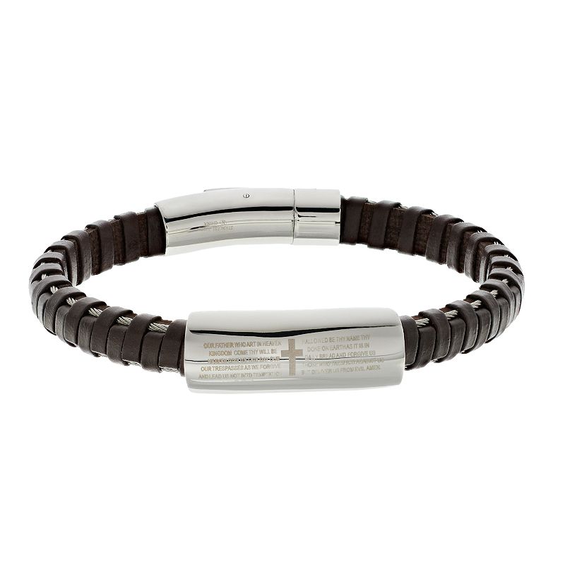 1913 Mens Brown Leather & Stainless Steel The Lords Prayer Bracelet,