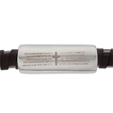 Men's Brown Leather & Stainless Steel "The Lord's Prayer" Bracelet