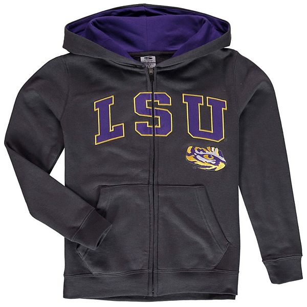 Youth Charcoal LSU Tigers Applique Arch & Logo Full-Zip Hoodie