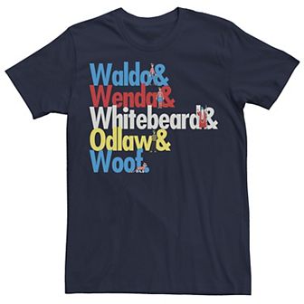 Men's Where's Waldo Colorful Character Name Stack Graphic Tee