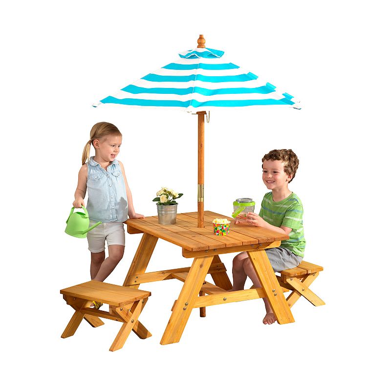 KidKraft Outdoor Table & Bench Set with Umbrella - Turquoise & White, Multi