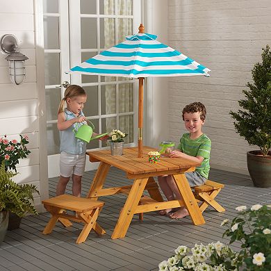 KidKraft Outdoor Table & Bench Set with Umbrella - Turquoise & White