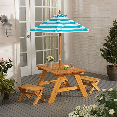 KidKraft Outdoor Table & Bench Set with Umbrella - Turquoise & White