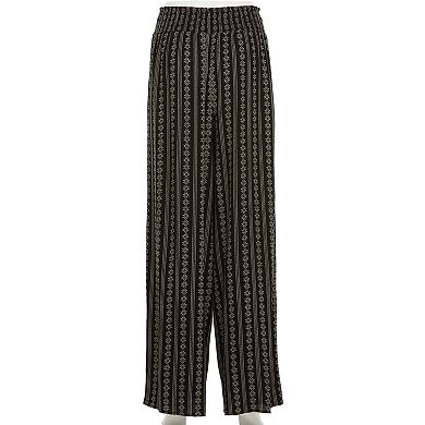 Juniors' Pink Rose Print Smocked Wide-Leg Gaucho Pants