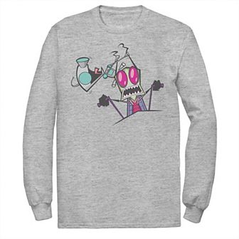 Men's Nickelodeon Invader Zim Gir Pulling Zim's Antennas Portrait Long Sleeve Graphic Tee