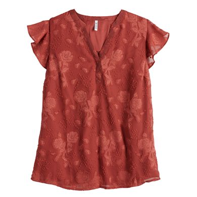 Women's ELLE™ Split Neck Flutter Sleeve Top