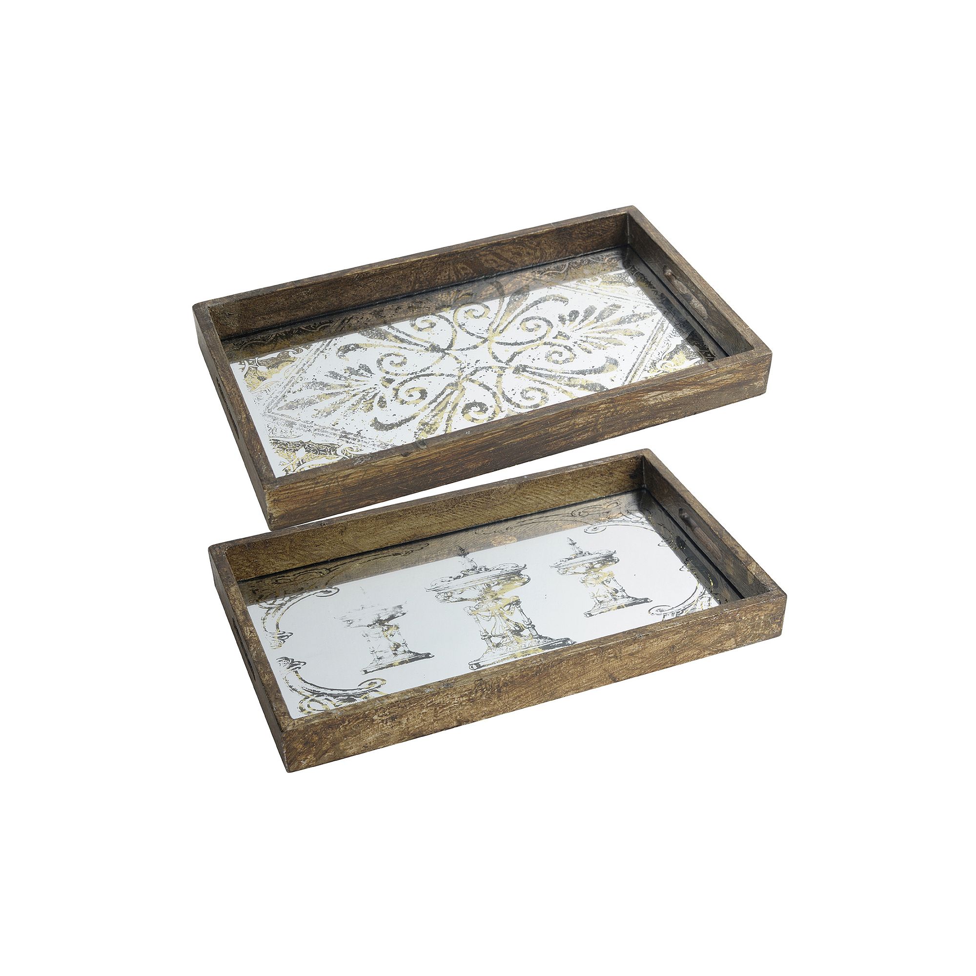 Greta Rectangular Glass & Wood 2-Piece Tray Set, Silver