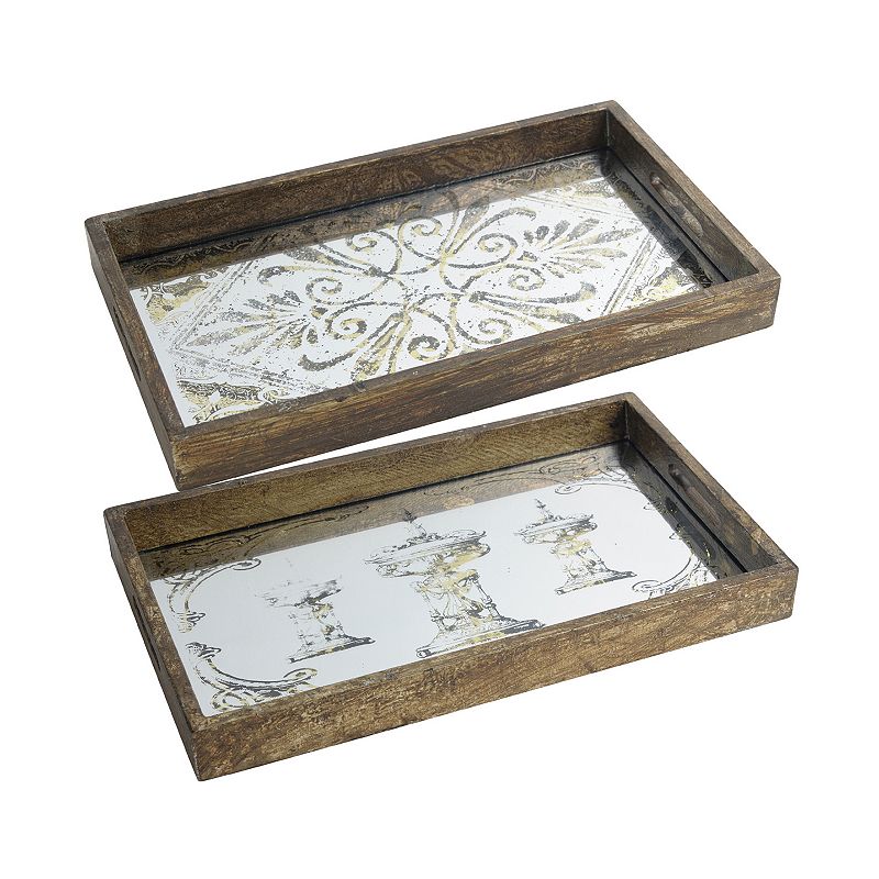 Greta Rectangular Glass & Wood 2-Piece Tray Set, Silver