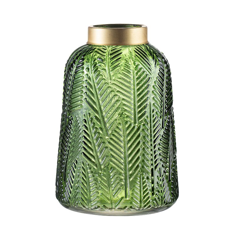 Green & Gold Fern Leaf 9-Inch Glass Vase