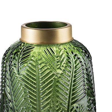 Green & Gold Fern Leaf 9-Inch Glass Vase