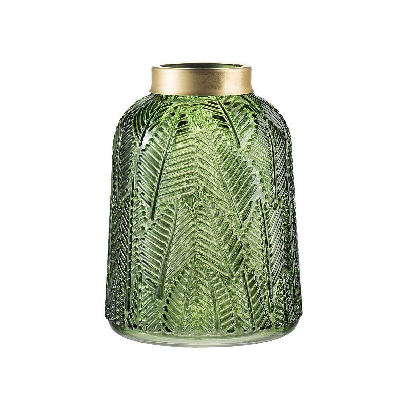 Green & Gold Fern Leaf 8-Inch Glass Vase