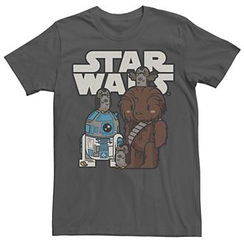Men's Star Wars Last Jedi R2-D2, Porgs, and Chewie Cutie Cartoon Tee