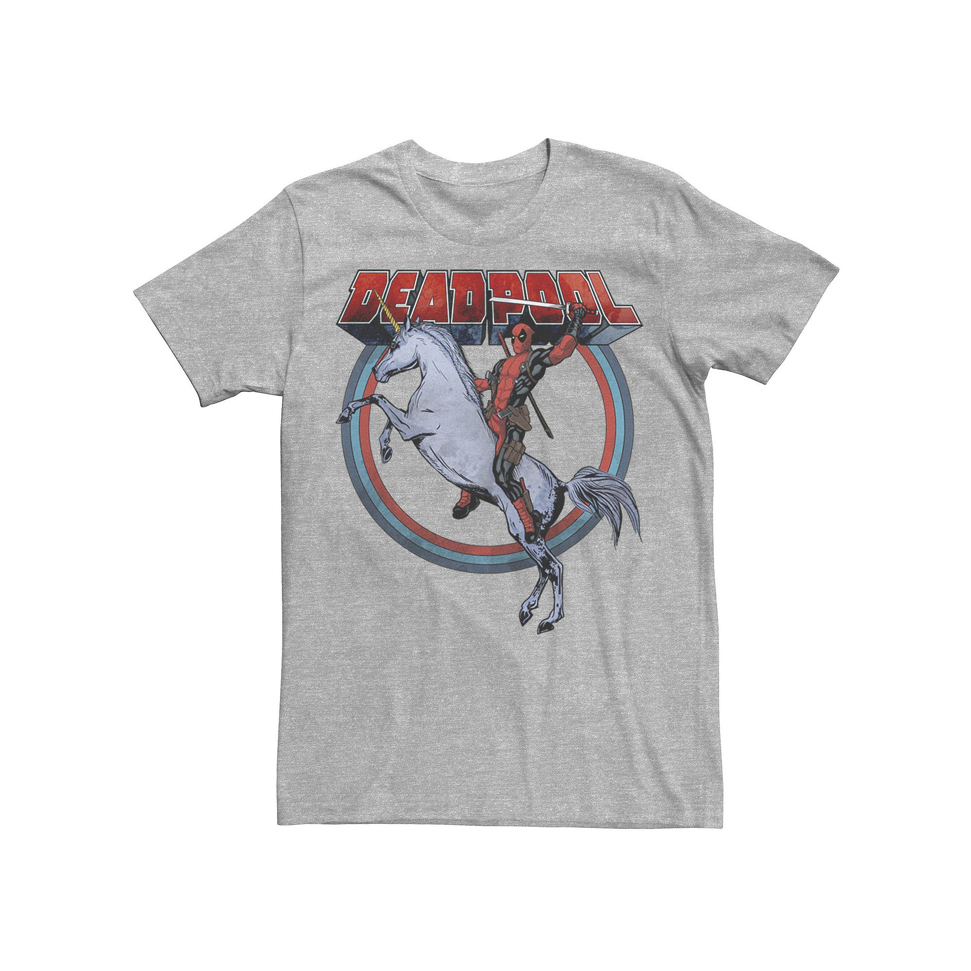 Mens Marvel Deadpool Riding A Unicorn Circle Tee, Size: Small, Athletic Gr