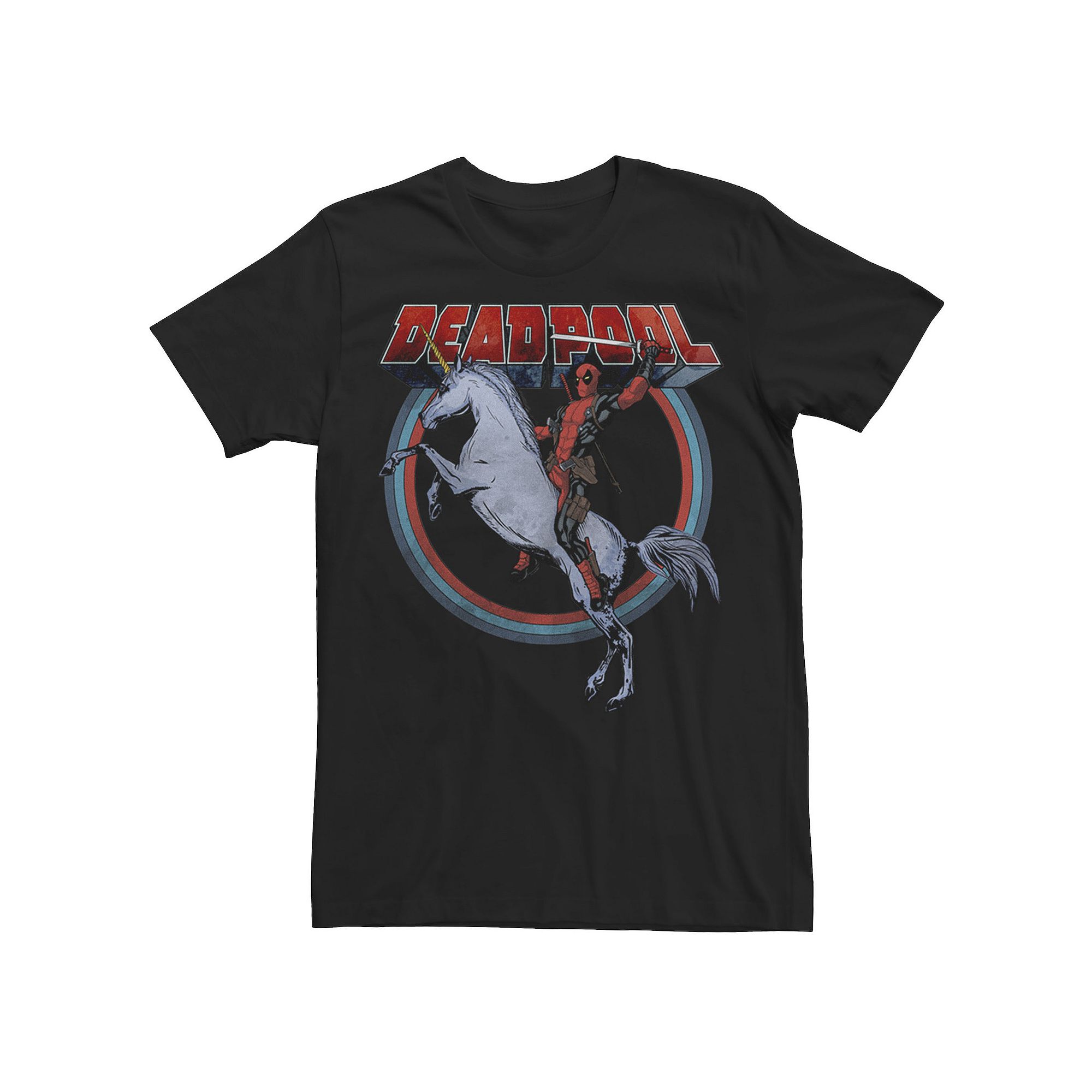 Mens Marvel Deadpool Riding A Unicorn Circle Tee, Size: Medium, Black