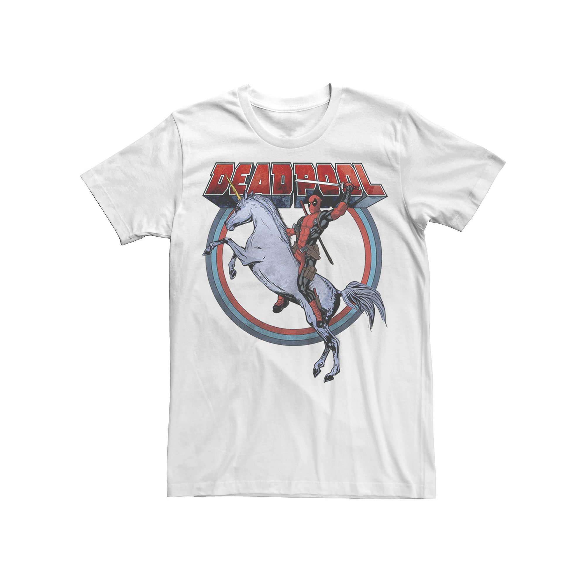 Mens Marvel Deadpool Riding A Unicorn Circle Tee, Size: Small, White
