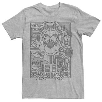 Men's Star Wars Vader Droids Tattoo Style Line Art Tee