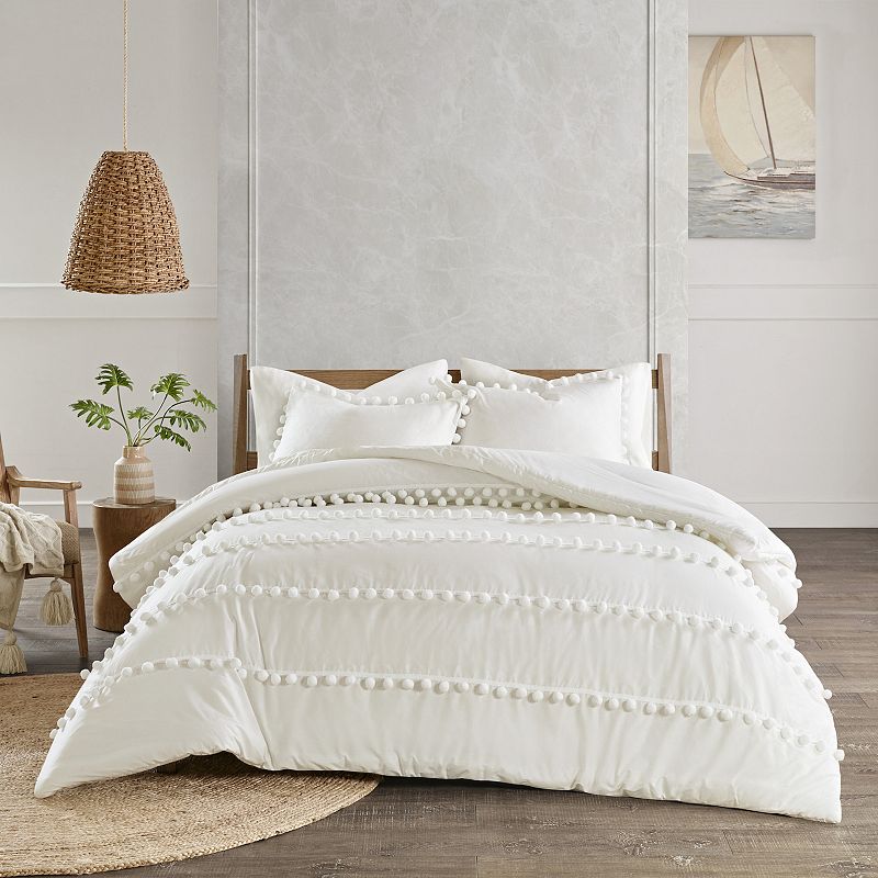 Madison Park Tracie 3-piece Pom Pom Cotton Comforter Set, White, Full/Queen