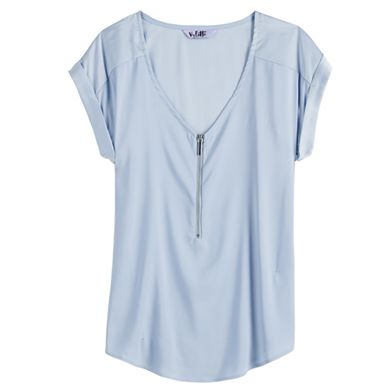 Juniors' Vylette™ Zip Front Cuffed Sleeve Blouse