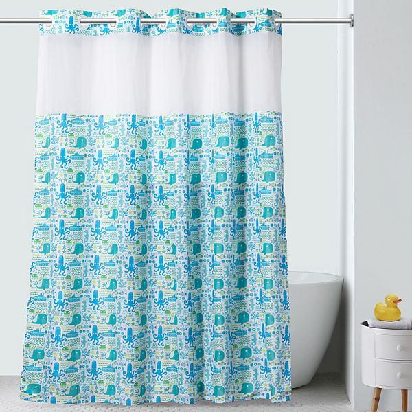 Hookless Kids Silly Sea Life Print Shower Curtain With Pvc Liner Capri, Hookless Shower Curtain Liner With Pockets