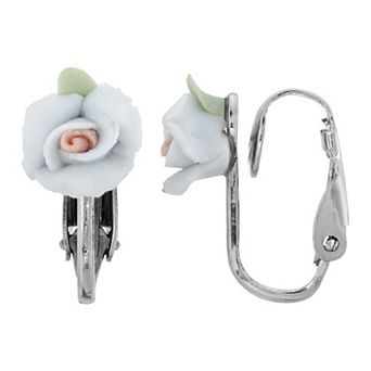 1928 Silver Tone White Rose Clip-On Earrings