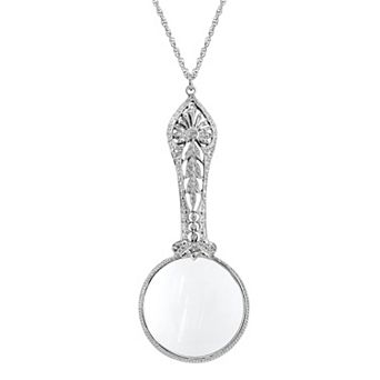 1928 Silver Tone Round Ornate Magnifying Glass Necklace