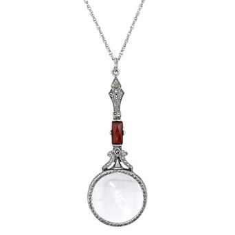 1928 Silver Tone Brown Stone Magnifying Glass Necklace