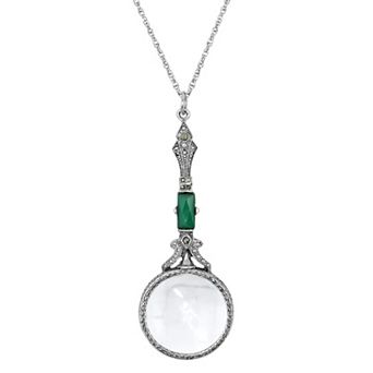 1928 Silver Tone Green Stone Magnifying Glass Necklace
