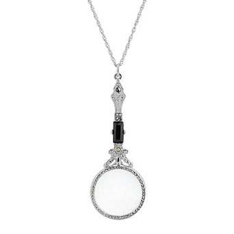1928 Silver Tone Black Stone Magnifying Glass Necklace