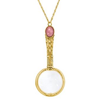 1928 Gold Tone Rose Quartz Semi Precious Magnifying Glass Pendant Necklace