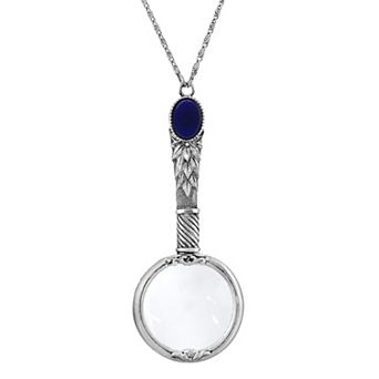 1928 Silver Tone Sodalite Semi-Precious Magnifying Glass Pendant Necklace