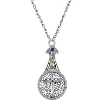 1928 Pewter Blue Crystal Cross Sliding Magnifying Glass Pendant Necklace