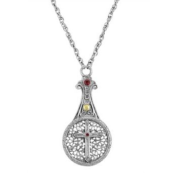 1928 Pewter Red Crystal Cross Sliding Magnifying Glass Pendant Necklace